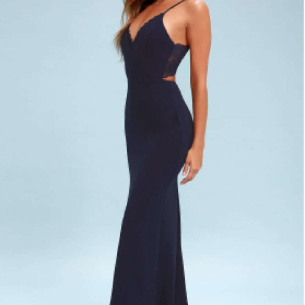 Love Story Navy Blue Backless Lace Maxi Dress